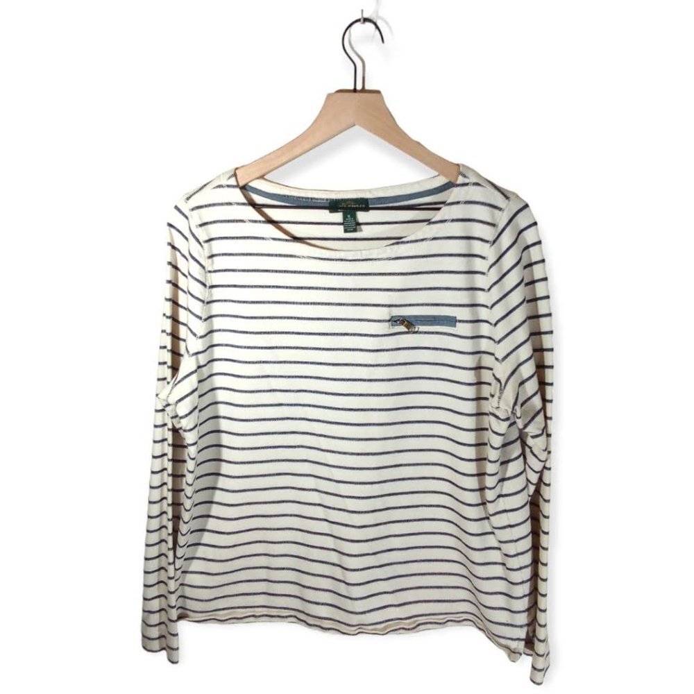 Ralph Lauren Cream & Navy Striped Scoop Neck Sweater